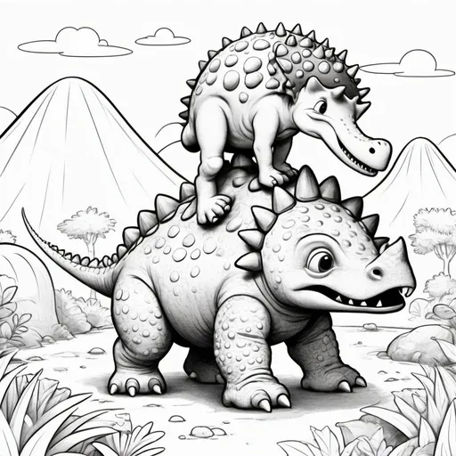 Prompt: Children's coloring book style illustration of a Cartoon Letter A riding an Ankylosaurus, black and white, cute and whimsical, simple textures, friendly expression, dinosaur, prehistoric, saddle, cartoon 
 capital A, black and white, children's style, cute, detailed scales, whimsical, friendly, coloring book, high quality, detailed
