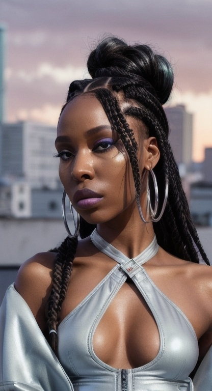 Prompt: A stunning East African woman with golden brown skin and long black braids, wearing a fashion-forward streetwear outfit: baby blue wide-leg cargo pants, a cropped white tank top, and an oversized metallic silver bomber jacket. Her makeup is bold but glowy with silver eyeliner, lilac gloss, and soft blush. She wears silver hoops, layered futuristic rings, and has long almond-shaped nails in pastel gradient. The setting is an urban rooftop at twilight, with glowing city lights and a cloudy lavender sky behind her. Her expression is cool, mysterious, and confident—modern, soft baddie energy with a cosmic twist.