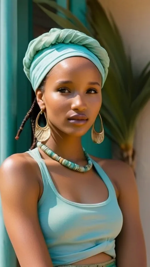 Prompt: A full-body portrait of a young Tanzanian woman with glowing golden-toned coastal East African skin, delicate Swahili facial features—almond eyes, sculpted cheekbones, full lips. She wears a sky-blue street-style bandana tied casually over her braids. Her outfit: a faded aquamarine ribbed tank and flowing baby-blue flared wide leg pants that sway like ocean waves. On her feet, exquisitely beaded Maasai sandals in blues, silvers, and whites. Jewelry: mismatched silver earrings (one moonstone stud, one aquamarine drop), layered shell-and-bead necklaces, Swahili filigree bangles, and a tiny silver nose stud. Her luminous golden-toned skin is dewy, with moon-kissed highlights, softly blushed cheeks, and silvery eyelid shimmer. She stands against a relaxed urban backdrop of pastel murals and palm-leaf shadows, blending Nairobi cool with coastal mysticism.
