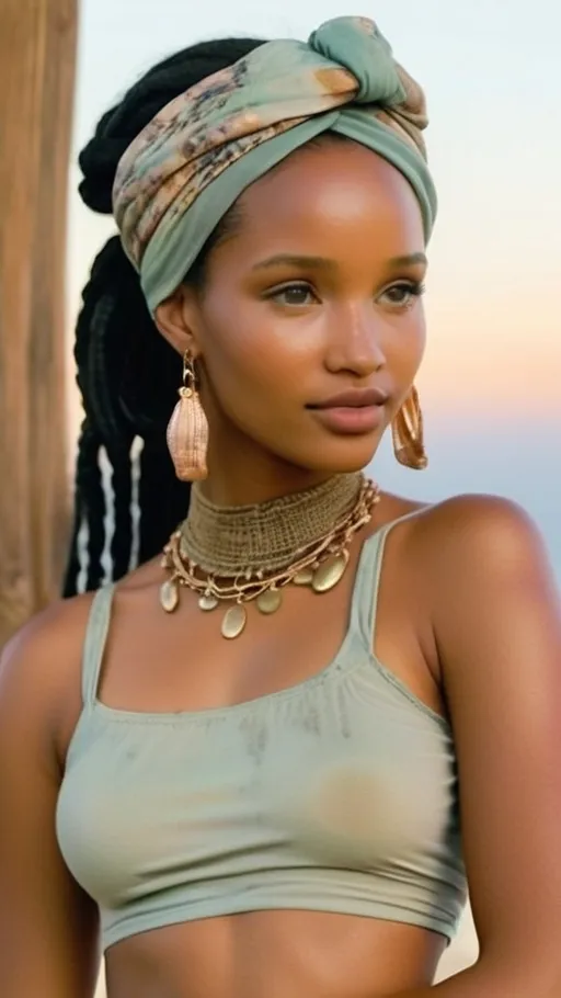 Prompt: 
> *Full-body portrait of a young Tanzanian woman with radiant **golden-toned coastal East-African skin** and elegant Swahili features (almond eyes, sculpted cheekbones, full lips). Her hair is styled in **medium to chunky bohemian braids**, some adorned with brushed silver wire, tiny cowrie shells, and moonstone beads, cascading past her shoulders. She wears a street-style silk-chiffon headwrap in a **cosmic orchid pattern**—orchid-mauve, rose-quartz blush, and burnished-silver splatters—tied casually over her braids.
> Outfit: a fitted ribbed crop top in **moon-dust beige** with a delicate silver-thread mesh overlay, paired with **orchid-mauve flared wide-leg pants** printed with faint silver floral constellations. On her feet: handmade Maasai sandals beaded in plum, blush, and silver.
> Jewelry: mismatched earrings (one antique-silver aquamarine drop, one moonstone stud), layered Swahili filigree bangles, rose-gold septum ring, and a slim shell-and-bead necklace.
> Makeup is luminous—dewy moon-kissed highlight, rose-quartz blush, subtle orchid shimmer on lids. She stands in a dreamy backdrop of twilight lilac clouds and soft silver stars, radiating a serene yet futuristic **Aquarius-Cancer** energy that blends coastal heritage with celestial elegance.*

---

Would you like to try a version with **stormy greys** or **sunrise tones** next?
