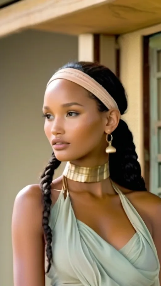 Prompt: Full-body portrait of a young Tanzanian woman with glowing golden-toned coastal East-African skin and soft yet striking Swahili features (almond-shaped eyes, high cheekbones, plush lips). Her hair is styled in medium-to-chunky boho braids, flowing over her shoulders and subtly decorated with delicate sunrise-colored threads—peach, soft coral, and pale gold.
She wears a sunrise-palette outfit: a cropped off-shoulder top in soft coral-peach cotton with a romantic draped neckline, paired with wide-legged flared pants in a flowing butter yellow silk, subtly embroidered with a whisper of tiny floral and butterfly motifs in glinting gold thread.
Accessories: a gold butterfly-themed choker at her neck, simple gold hoop earrings, a soft golden septum stud, and a few slender beaded bangles in coral and shell.
Her makeup glows with a warm, natural finish—golden highlight, a kiss of sunset blush, and peach-glossed lips. Her gaze is calm yet radiant.
She stands barefoot on warm sand at sunrise, with soft amber skies, seashells at her feet, and fluttering butterflies in the breeze—evoking the dreamy, mystical balance of Aquarius air and Cancer water with a warm, rooted East African flair.