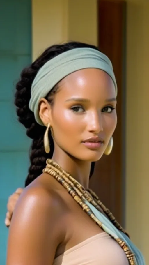 Prompt: Full-body portrait of a young Tanzanian woman with glowing golden-toned coastal East-African skin and soft yet striking Swahili features (almond-shaped eyes, high cheekbones, plush lips). Her hair is styled in medium-to-chunky boho braids, flowing over her shoulders and subtly decorated with delicate sunrise-colored threads—peach, soft coral, and pale gold.
She wears a sunrise-palette outfit: a cropped off-shoulder top in soft coral-peach cotton with a romantic draped neckline, paired with wide-legged flared pants in a flowing butter yellow silk, subtly embroidered with a whisper of tiny floral and butterfly motifs in glinting gold thread.
Accessories: a gold butterfly-themed choker at her neck, simple gold hoop earrings, a soft golden septum stud, and a few slender beaded bangles in coral and shell.
Her makeup glows with a warm, natural finish—golden highlight, a kiss of sunset blush, and peach-glossed lips. Her gaze is calm yet radiant.
She stands barefoot on warm sand at sunrise, with soft amber skies, seashells at her feet, and fluttering butterflies in the breeze—evoking the dreamy, mystical balance of Aquarius air and Cancer water with a warm, rooted East African flair.