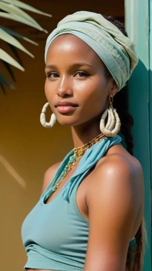 Prompt: A full-body portrait of a young Tanzanian woman with glowing golden-toned coastal East African skin, delicate Swahili facial features—almond eyes, sculpted cheekbones, full lips—and natural shoulder-length locs, some strands wrapped with silver wire and cowrie shells. She wears a cobalt-blue street-style bandana tied casually over her locs. Her outfit: a faded aquamarine ribbed tank and flowing baby-blue palazzo pants that sway like ocean waves. On her feet, exquisitely beaded Maasai sandals in blues, silvers, and whites. Jewelry: mismatched silver earrings (one moonstone stud, one aquamarine drop), layered shell-and-bead necklaces, Swahili filigree bangles, and a tiny silver nose stud. Her luminous golden-toned skin is dewy, with moon-kissed highlights, softly blushed cheeks, and silvery eyelid shimmer. She stands against a relaxed urban backdrop of pastel murals and palm-leaf shadows, blending Nairobi cool with coastal mysticism.