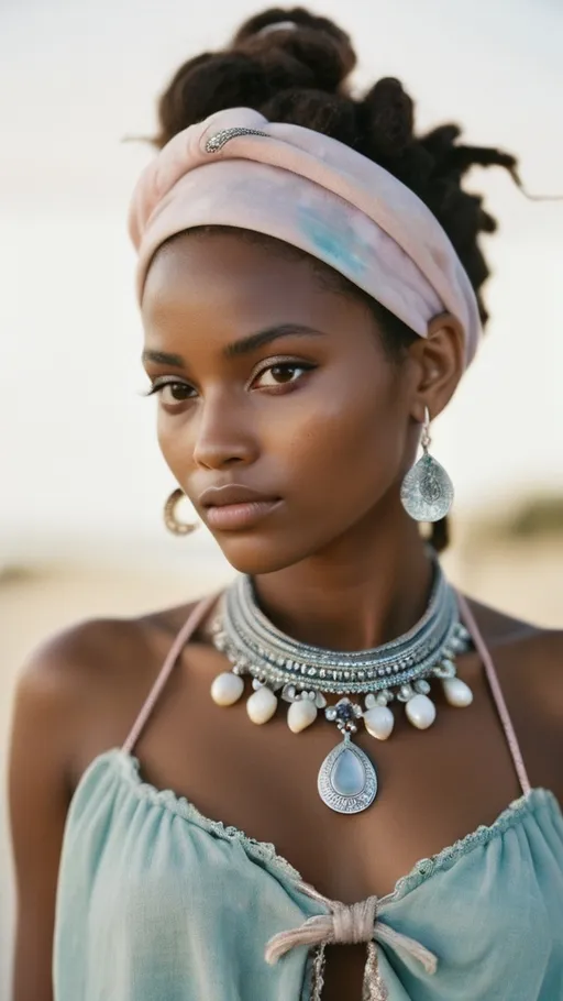 Prompt: polaroid photo of woman,soft lighting,vintage allure, cinematic. A full-body portrait of a young Tanzanian woman with glowing, golden-brown coastal East African skin and refined Swahili features—almond-shaped eyes, high cheekbones, a softly defined jawline, and full lips. Her long bohemian braids are adorned with silver thread, cowrie shells, and tiny moon charms. She wears a flowing pastel tie-dye knitted halter top in soft lavender, aqua, and seafoam, paired with wide-legged, lightweight pants in complementary hues. A soft blue cotton bandana with subtle floral and celestial embroidery is wrapped loosely around her head in a relaxed, boho bandana style. Her jewelry includes mismatched silver earrings: one aquamarine teardrop, one moonstone stud, paired with Swahili filigree bangles, and a delicate coral pendant around her neck. Her makeup is glowing and ethereal, with moon-kissed highlight, a touch of blush, and dewy lips. The background is a dreamy blend of pastel cosmic clouds, evoking a soft, intuitive, and airy Afro-bohemian spirit.