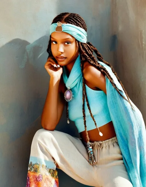 Prompt: A scenic vintage allure full-body portrait of a young Tanzanian woman with glowing, golden-brown coastal East African skin and delicate Swahili-inspired facial features—almond eyes, high cheekbones, and a soft, heart-shaped face. Her long bohemian braids are decorated with silver thread, cowrie shells, and tiny moon charms. She wears a flowing pastel tie-dye knitted halter top in lavender, aqua, and seafoam, paired with wide-legged, breezy trousers in the same soft tones. A sheer, celestial silk scarf in dusty lilac—printed with floral and starry motifs—is tied loosely around her head in a bohemian bandana style. She accessorizes with mismatched silver earrings (one aquamarine drop, one moonstone stud) and stacked silver bangles. Her makeup is fresh and luminous: radiant, dewy skin, naturally flushed cheeks, and soft moonlit highlight. The background is ethereal, filled with pastel cosmic mist, reflecting an airy, intuitive, dreamy Afro-bohemian essence.