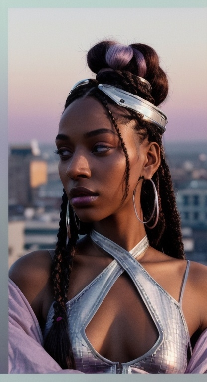 Prompt: Vintage cinematic, Full-body portrait, wide-shot, editorial fashion photo of an East-African woman with golden-toned skin and long black braids tipped in lilac. She wears pastel-mint cargo pants, a cropped icy-blue rib-knit tank that hugs her collarbone, and an oversized silver mesh bomber jacket. Accent pop: a slim cherry-red belt bag slung cross-body. Makeup is luminous—lilac shimmer lids, clear gloss, soft blush. Accessories: simple silver hoops, thin stacked rings, opalescent nails. She stands on a high rooftop at twilight; sky fades from moonstone-grey to pale lavender, city lights twinkle below. Cool, cosmic, confident.