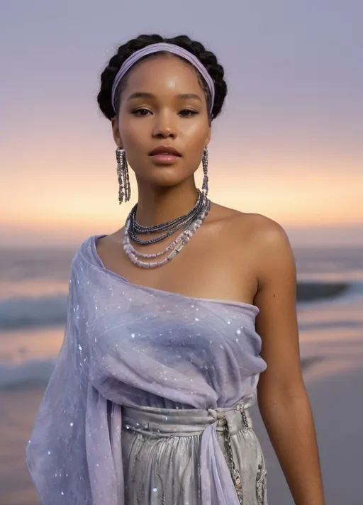 Prompt: Vintage allure, cinematic, standing full-body portrait of Full-body portrait, wide-shot, fashion editorial style of a young Tanzanian woman with luminous golden-toned coastal East-African skin and refined Swahili features. Her long black braids feature silvery-lilac streaks and tiny moonstone beads. She wears a fluid dove-grey off-shoulder dress (dera silhouette) that drapes to the ankles, subtly shimmering like mist. A sheer silk head-scarf in an opal-to-slate gradient with blurred star and wave motifs is wrapped loosely around her head, ends trailing in the breeze. Jewelry is minimal silver: thin hoop earrings, a slim moonstone choker, and two stackable bangles. Makeup is ethereal—icy lavender shimmer on lids, pearl highlight, clear gloss. She stands barefoot on fog-kissed coastal stone; background fades into soft slate-blue fog and faint silver stars, evoking quiet Cancerian depth and futuristic Aquarian clarity.