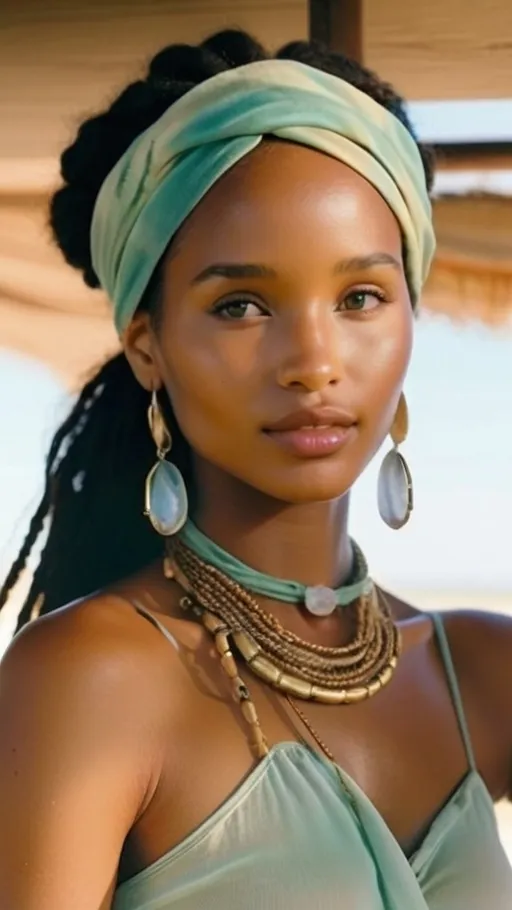 Prompt: polaroid photo of woman,soft lighting,vintage allure, cinematic. A full-body portrait of a young Tanzanian woman with glowing, golden-brown coastal East African skin and refined Swahili features—almond-shaped eyes, high cheekbones, a softly defined jawline, and full lips. Her long bohemian braids are adorned with silver thread, cowrie shells, and tiny moon charms. She wears a flowing pastel tie-dye knitted halter top in soft lavender, aqua, and seafoam, paired with wide-legged, lightweight pants in complementary hues. A soft blue cotton bandana with subtle floral and celestial embroidery is wrapped loosely around her head in a relaxed, boho bandana style. Her jewelry includes mismatched silver earrings: one aquamarine teardrop, one moonstone stud, paired with Swahili filigree bangles, and a delicate coral pendant around her neck. Her makeup is glowing and ethereal, with moon-kissed highlight, a touch of blush, and dewy lips. The background is a dreamy blend of pastel cosmic clouds, evoking a soft, intuitive, and airy Afro-bohemian spirit.