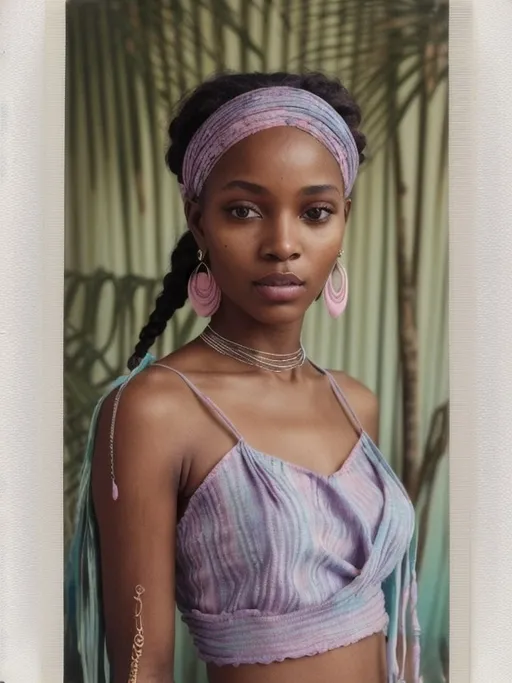Prompt: polaroid photo of woman,soft lighting,vintage allure, cinematic. A full-body portrait of a young Tanzanian woman with glowing, golden-brown coastal East African skin and refined Swahili features—almond-shaped eyes, high cheekbones, a softly defined jawline, and full lips. Her long bohemian braids are adorned with silver thread, cowrie shells, and tiny moon charms. She wears a flowing pastel tie-dye knitted halter top in soft lavender, aqua, and seafoam, paired with wide-legged, lightweight pants in complementary hues. A pink-red cotton bandana with subtle floral and celestial embroidery is wrapped loosely around her head in a relaxed, boho bandana style. Her jewelry includes silver earrings and a delicate coral pendant around her neck. Her makeup is glowing and ethereal, a touch of blush, and dewy lips. The background is a dreamy blend of pastel cosmic clouds, evoking a soft, intuitive, and airy Afro-bohemian spirit.