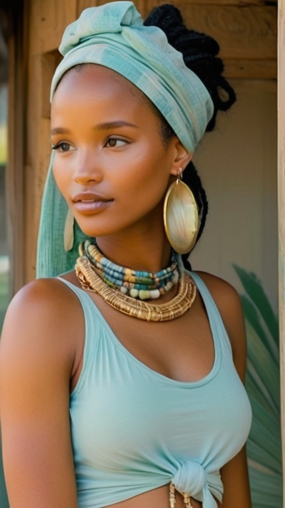 Prompt: A full-body portrait of a young Tanzanian woman with glowing golden-toned coastal East African skin, delicate Swahili facial features—almond eyes, sculpted cheekbones, full lips—and boho island twists. She wears a cobalt-blue street-style bandana tied casually over her locs. Her outfit: a faded aquamarine ribbed tank and flowing baby-blue palazzo pants that sway like ocean waves. On her feet, exquisitely beaded Maasai sandals in blues, silvers, and whites. Jewelry: mismatched silver earrings (one moonstone stud, one aquamarine drop), layered shell-and-bead necklaces, Swahili filigree bangles, and a tiny silver nose stud. Her luminous golden-toned skin is dewy, with moon-kissed highlights, softly blushed cheeks, and silvery eyelid shimmer. She stands against a relaxed urban backdrop of pastel murals and palm-leaf shadows, blending Nairobi cool with coastal mysticism.