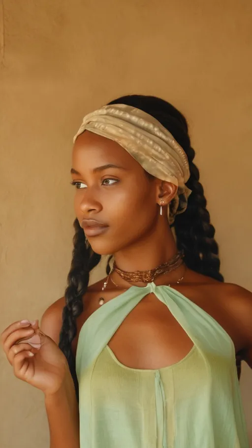 Prompt: A full-body portrait of a young Tanzanian woman with glowing, golden-brown coastal East African skin and delicate Swahili-inspired facial features—almond eyes, high cheekbones, and a soft, heart-shaped face. Her long bohemian braids are decorated with silver thread, cowrie shells, and tiny moon charms. She wears a flowing pastel tie-dye knitted halter top in lavender, aqua, and seafoam, paired with wide-legged, breezy trousers in the same soft tones. A sheer, celestial silk scarf in dusty lilac—printed with floral and starry motifs—is tied loosely around her head in a bohemian bandana style. She accessorizes with mismatched silver earrings (one aquamarine drop, one moonstone stud) and stacked silver bangles. Her makeup is fresh and luminous: radiant, dewy skin, naturally flushed cheeks, and soft moonlit highlight. The background is ethereal, filled with pastel cosmic mist, reflecting an airy, intuitive, dreamy Afro-bohemian essence.