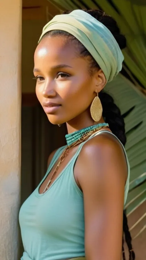 Prompt: A full-body portrait of a young Tanzanian woman with glowing golden-toned coastal East African skin, delicate Swahili facial features—almond eyes, sculpted cheekbones, full lips. She wears a sky-blue street-style bandana tied casually over her braids. Her outfit: a faded aquamarine ribbed tank and flowing baby-blue flared wide leg pants that sway like ocean waves. On her feet, exquisitely beaded Maasai sandals in blues, silvers, and whites. Jewelry: mismatched silver earrings (one moonstone stud, one aquamarine drop), layered shell-and-bead necklaces, Swahili filigree bangles, and a tiny silver nose stud. Her luminous golden-toned skin is dewy, with moon-kissed highlights, softly blushed cheeks, and silvery eyelid shimmer. She stands against a relaxed urban backdrop of pastel murals and palm-leaf shadows, blending Nairobi cool with coastal mysticism.
