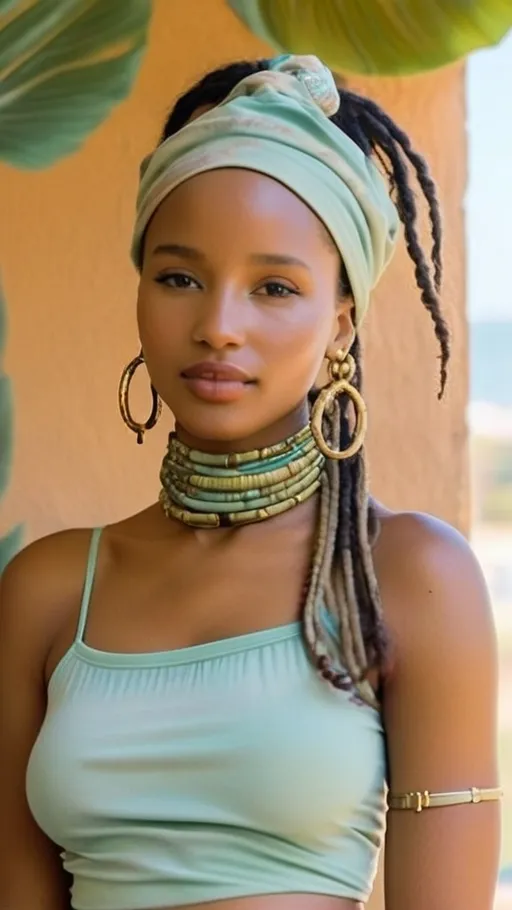 Prompt: A full-body portrait of a young Tanzanian woman with glowing golden-toned coastal East African skin, delicate Swahili facial features—almond eyes, sculpted cheekbones, full lips—and natural shoulder-length locs, some strands wrapped with silver wire and cowrie shells. She wears a cobalt-blue street-style bandana tied casually over her locs. Her outfit: a faded aquamarine ribbed tank and flowing baby-blue palazzo pants that sway like ocean waves. On her feet, exquisitely beaded Maasai sandals in blues, silvers, and whites. Jewelry: mismatched silver earrings (one moonstone stud, one aquamarine drop), layered shell-and-bead necklaces, Swahili filigree bangles, and a tiny silver nose stud. Her luminous golden-toned skin is dewy, with moon-kissed highlights, softly blushed cheeks, and silvery eyelid shimmer. She stands against a relaxed urban backdrop of pastel murals and palm-leaf shadows, blending Nairobi cool with coastal mysticism.