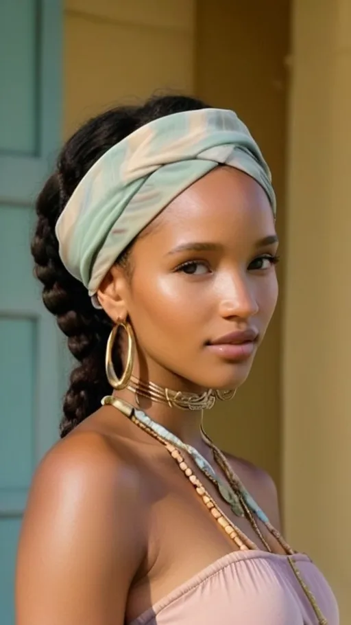 Prompt: 
> *Full-body portrait of a young Tanzanian woman with radiant **golden-toned coastal East-African skin** and elegant Swahili features (almond eyes, sculpted cheekbones, full lips). Her hair is styled in **medium to chunky bohemian braids**, some adorned with brushed silver wire, tiny cowrie shells, and moonstone beads, cascading past her shoulders. She wears a street-style silk-chiffon headwrap in a **cosmic orchid pattern**—orchid-mauve, rose-quartz blush, and burnished-silver splatters—tied casually over her braids.
> Outfit: a fitted ribbed crop top in **moon-dust beige** with a delicate silver-thread mesh overlay, paired with **orchid-mauve flared wide-leg pants** printed with faint silver floral constellations. On her feet: handmade Maasai sandals beaded in plum, blush, and silver.
> Jewelry: mismatched earrings (one antique-silver aquamarine drop, one moonstone stud), layered Swahili filigree bangles, rose-gold septum ring, and a slim shell-and-bead necklace.
> Makeup is luminous—dewy moon-kissed highlight, rose-quartz blush, subtle orchid shimmer on lids. She stands in a dreamy backdrop of twilight lilac clouds and soft silver stars, radiating a serene yet futuristic **Aquarius-Cancer** energy that blends coastal heritage with celestial elegance.*

---

Would you like to try a version with **stormy greys** or **sunrise tones** next?
