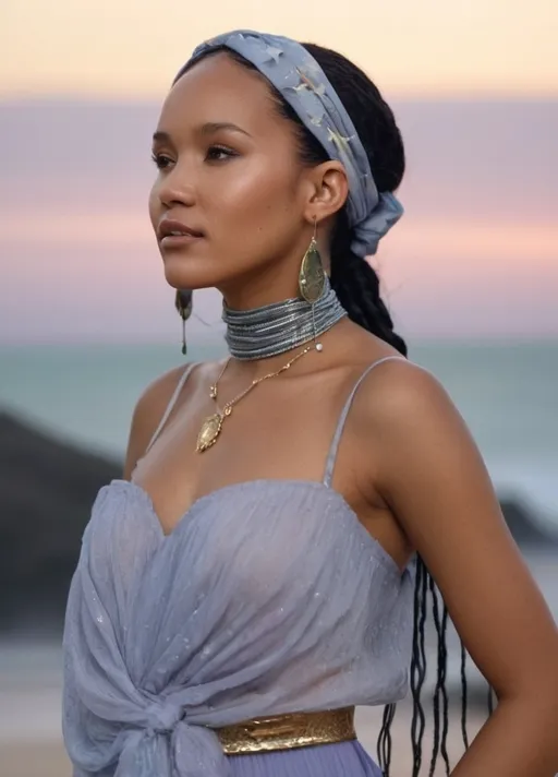 Prompt: Vintage allure, cinematic, standing full-body portrait of Full-body portrait, wide-shot, fashion editorial style of a young Tanzanian woman with luminous golden-toned coastal East-African skin and refined Swahili features. Her long black braids feature silvery-lilac streaks and tiny moonstone beads. She wears a fluid dove-grey off-shoulder dress (dera silhouette) that drapes to the ankles, subtly shimmering like mist. A sheer silk head-scarf in an opal-to-slate gradient with blurred star and wave motifs is wrapped loosely around her head, ends trailing in the breeze. Jewelry is minimal silver: thin hoop earrings, a slim moonstone choker, and two stackable bangles. Makeup is ethereal—icy lavender shimmer on lids, pearl highlight, clear gloss. She stands barefoot on fog-kissed coastal stone; background fades into soft slate-blue fog and faint silver stars, evoking quiet Cancerian depth and futuristic Aquarian clarity.