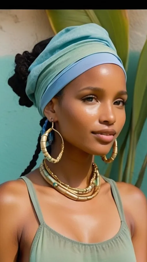 Prompt: A full-body portrait of a young Tanzanian woman with glowing golden-toned coastal East African skin, delicate Swahili facial features—almond eyes, sculpted cheekbones, full lips—and natural shoulder-length locs, some strands wrapped with silver wire and cowrie shells. She wears a cobalt-blue street-style bandana tied casually over her locs. Her outfit: a faded aquamarine ribbed tank and flowing baby-blue palazzo pants that sway like ocean waves. On her feet, exquisitely beaded Maasai sandals in blues, silvers, and whites. Jewelry: mismatched silver earrings (one moonstone stud, one aquamarine drop), layered shell-and-bead necklaces, Swahili filigree bangles, and a tiny silver nose stud. Her luminous golden-toned skin is dewy, with moon-kissed highlights, softly blushed cheeks, and silvery eyelid shimmer. She stands against a relaxed urban backdrop of pastel murals and palm-leaf shadows, blending Nairobi cool with coastal mysticism.