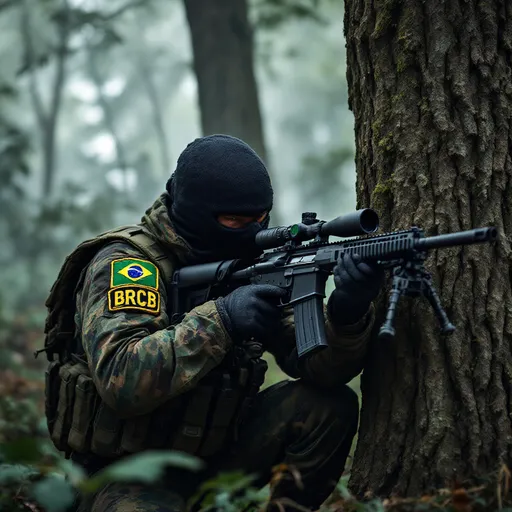 Prompt: I would like a special ops ghillie sniper with brazil flag insignia saying BRCB 