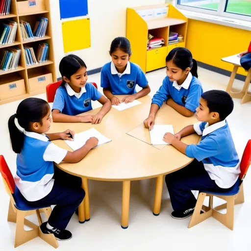 Prompt: i want a realistic  image that shows collabration skills between students. this image shows students in grade 2 or three  sitting in pairs doing different activities.