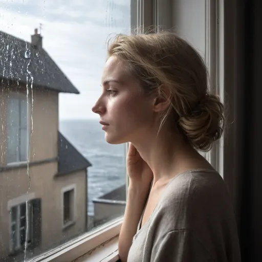 Prompt: /imagine 
Une femme bCadre de la Fenêtre :

La fenêtre est grande, avec des cadres en bois vieilli par le temps. Quelques gouttes de pluie glissent sur la vitre, donnant un effet légèrement flou à la vue extérieure.
L'Océan en Tempête :

L'océan est tumultueux, avec des vagues hautes et mousseuses qui s'écrasent violemment. Le ciel est sombre, couvert de nuages lourds, avec des éclairs occasionnels illuminant l'horizon. La mer est d'un bleu profond, presque noirci par la tempête.
La Femme :

Elle est de profil, légèrement tournée vers la fenêtre, ses cheveux blonds ondulés tombant en cascade sur ses épaules. elle a 37 ans.  Elle a les cheveux très longs
La lumière de fin de journée se reflète sur ses mèches, créant un halo doré autour de sa tête.
Son visage est marqué par la réflexion. Elle a un long nez fin et des lèvres pleines, légèrement entrouvertes comme si elle était plongée dans ses pensées. Ses yeux, tournés vers l'océan, expriment une mélancolie et une profonde contemplation.
Elle porte un pull en laine doux et confortable, de couleur claire, peut-être un beige ou un blanc cassé, accentuant l'atmosphère intime et calme de l'intérieur par contraste avec la tempête à l'extérieur.
Lumière du Soir :

La lumière du soir pénètre par la fenêtre, créant des jeux d'ombres et de lumières sur son visage et dans la pièce. Cette lumière dorée et douce contraste avec le paysage sombre et menaçant de l'extérieur.