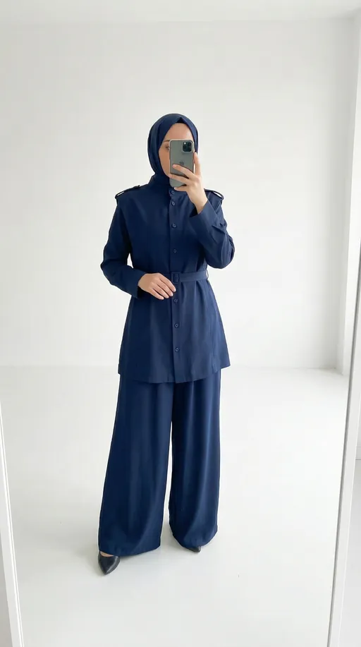 Prompt: A modest Muslim woman taking a mirror selfie in a minimal white studio. She is wearing the exact same navy blue modest two-piece outfit from the reference garment, consisting of a long tunic and very loose wide-leg trousers.
The tunic is navy blue, hip to mid-thigh length, made from smooth matte fabric. It features a mandarin stand collar, a full front button closure with small round navy buttons, shoulder epaulets with a single button on each shoulder, and long straight sleeves. Around the waist there is a thin matching navy fabric belt tied loosely with a small rectangular buckle.
The bottom piece is very loose wide-leg navy trousers exactly like the reference garment, made from the same fabric. The trousers are straight, very wide, flowing, modest cut, full length to the ankles, creating a relaxed silhouette. The trousers must look identical to the reference pants in width and structure.
She is wearing a navy blue hijab matching the outfit color.
The woman stands in front of a full-length mirror taking a mirror selfie with her phone, one hand holding the phone and the other hand naturally resting near the belt.
The background is a clean white minimalist studio with white walls and white floor, bright soft lighting, fashion studio environment.
Full body visible in the mirror, elegant modest fashion pose, realistic photography, natural lighting, highly detailed fabric texture.
📌 Detayların Değişmemesi İçin (çok önemli)
Bunu promptun sonuna mutlaka ekle:
The clothing must remain exactly identical to the reference garment: same navy color, same buttons, same shoulder epaulets, same belt placement, same sleeve shape. The bottom piece must be very loose wide-leg trousers exactly like the reference pants, not a skirt and not slim pants. No redesign, no extra details.