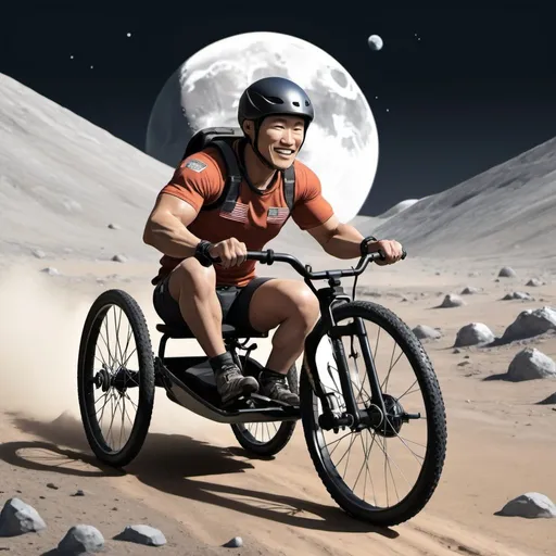 Prompt: create an anime image of an adaptive athlete  riding an offroad hand cycle on a trail on the moon. the handcycle should have 2 wheels in front and 1 in back. the wheel in back should be in the midline of the handcycle. the athlete should be asian, muscular, not smiling.