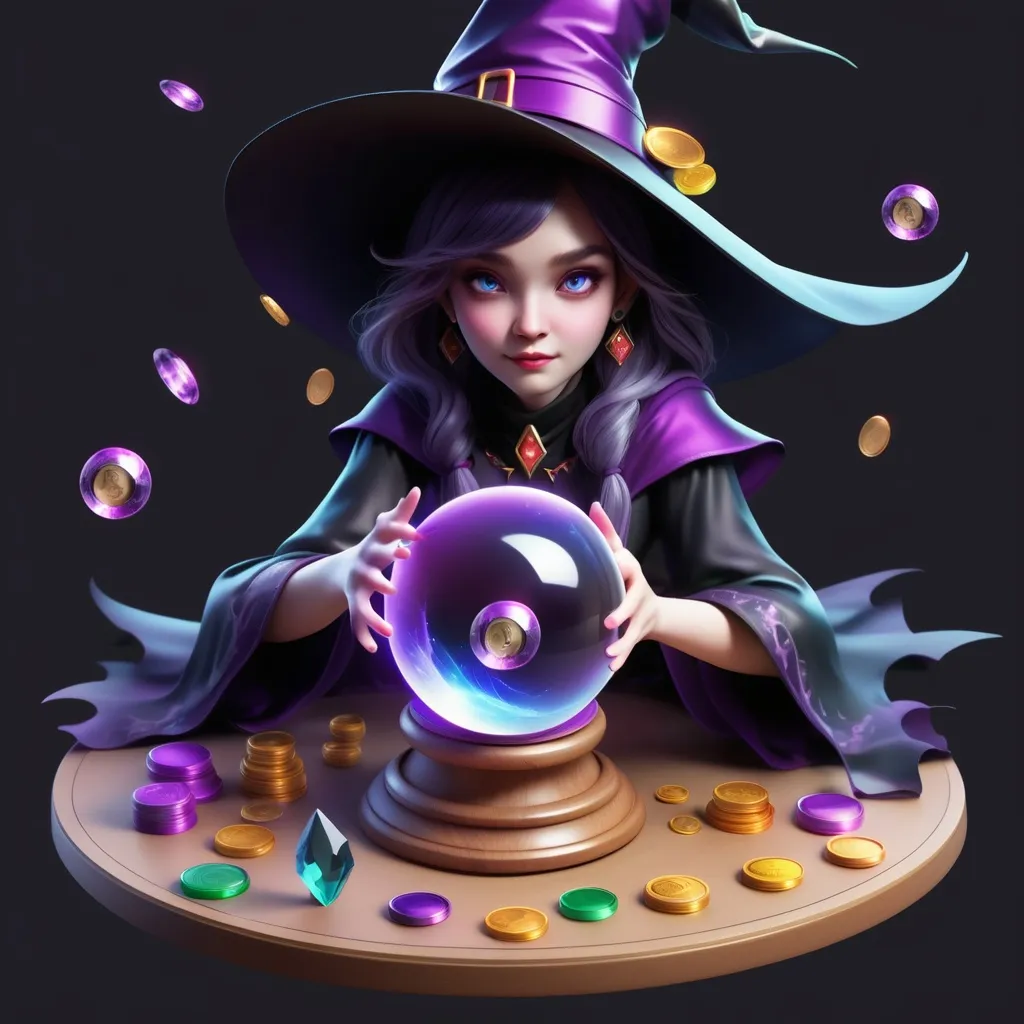 Prompt: create me PICTURE WITH TRANSPARENT BACKGROUND WITCH CHARACTER WITH CRYSTAL BALL LEVITATING GAME TOKENS AND COINS AROUND HER