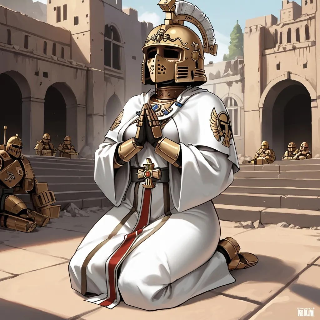 Prompt: warhammer 40k, a female knight, fully enclosed helmet, kneeling in an ancient ruin, praying