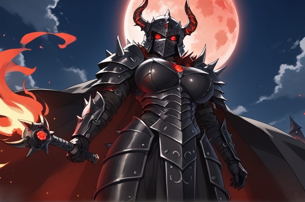 Prompt: Woman, muscular, curvy, spiked heavy black armor, long black cloak, black full face helmet, horns, glowing red eye slits, large spiked shoulder armor, glowing runes, red moon, flame motif, from below