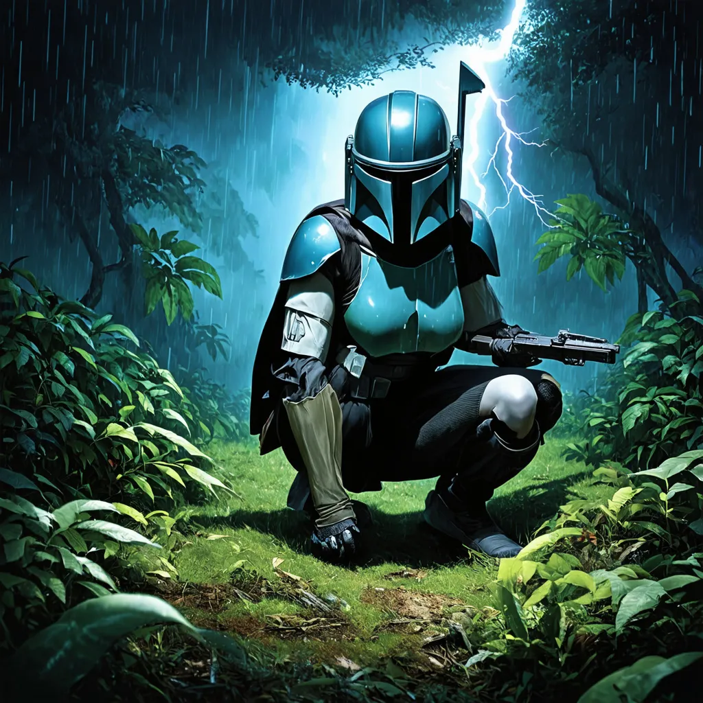 Prompt: Female Mandalorian, jungle, rain, lightning, night, crouching