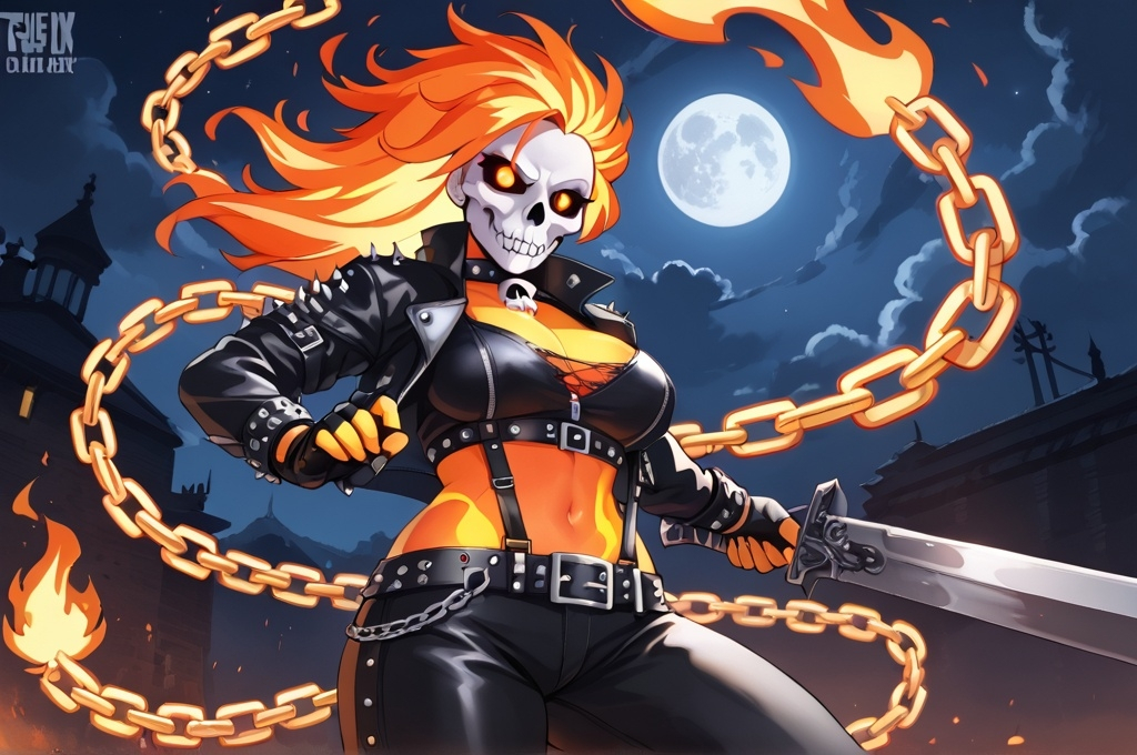 Prompt: Woman, curvy, studded leather attire, biker jacket, skull face, flaming hair, flaming skin, wielding chains, night