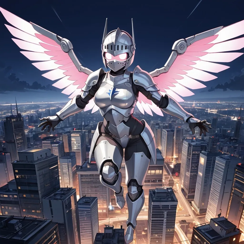 Prompt: Female knight, curvy, athletic, full face helmet, glowing eye slits, heavy armor with a dieselpunk aesthetic, mechanical wings, flying, anime style, city at night