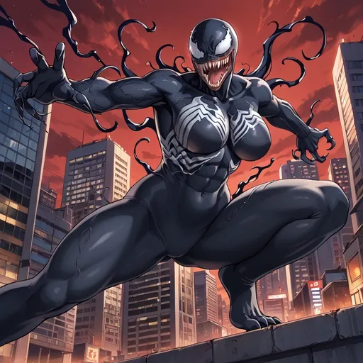 Prompt: Venom, curvy, athletic pose, anime style, city at night, dark red sky