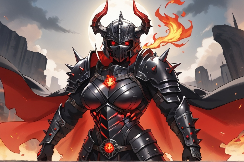 Prompt: Woman, muscular, curvy, spiked heavy black armor, long black cloak, black full face helmet, horns, glowing red eye slits, large spiked shoulder armor, arcane symbols, flame motif