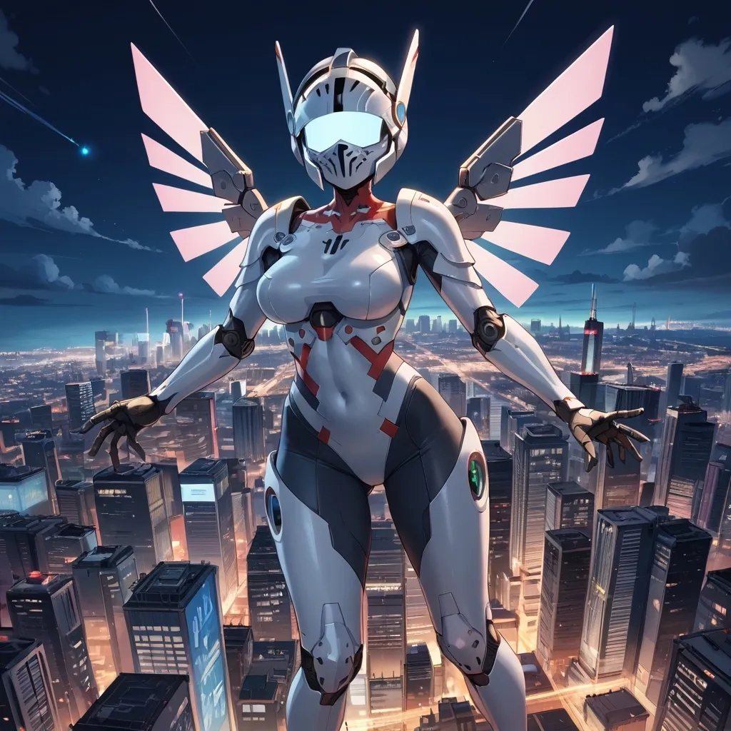 Prompt: Female knight, curvy, athletic, full face helmet, glowing eye slits, heavy armor with a cyberpunk aesthetic, mechanical wings, flying, anime style, city at night