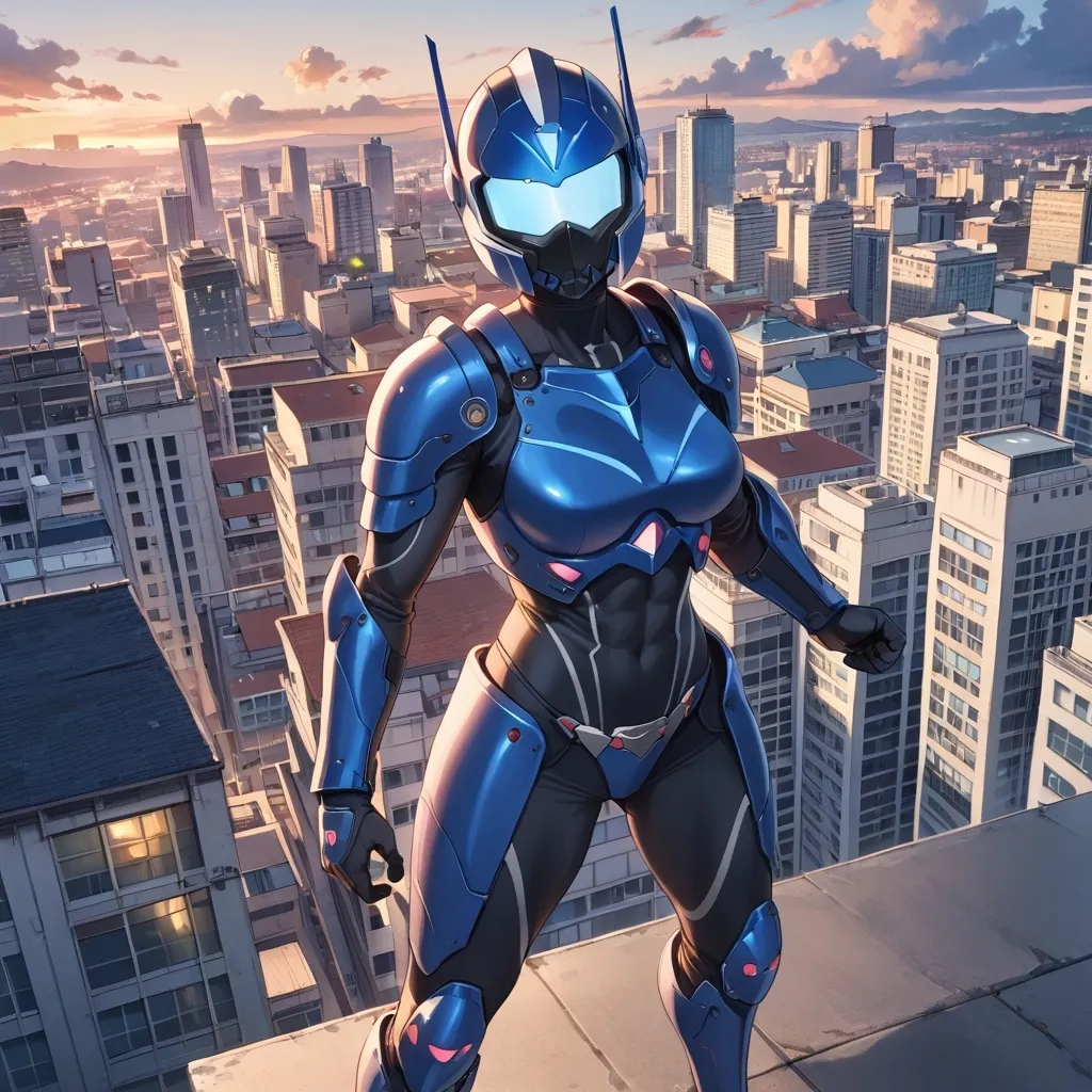 Prompt: Woman full face helmet, heavy power armor, curvy, athletic, athletic pose, anime style, rooftop, city at night