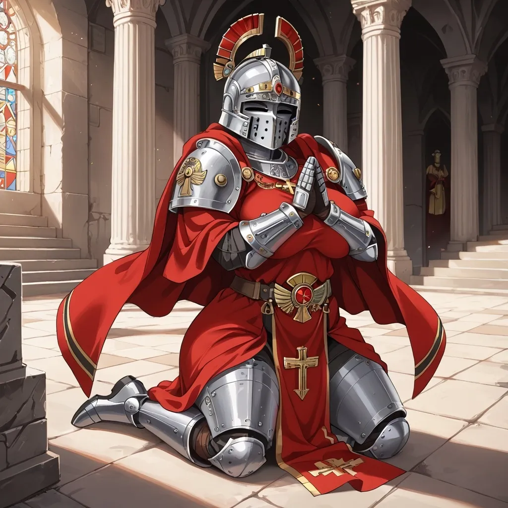 Prompt: A curvy female knight, black power armor, red robes, fully enclosed helmet, Warhammer 40k, kneeling in an ancient cathedral, praying