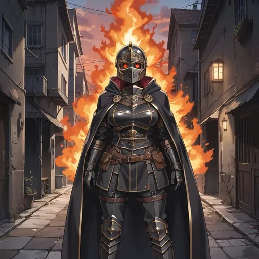 Prompt: Female knight, curvy, muscular, long black cloak, heavy black armor with a steampunk aesthetic, full face helmet, burning eye slits, dark alley, red sky