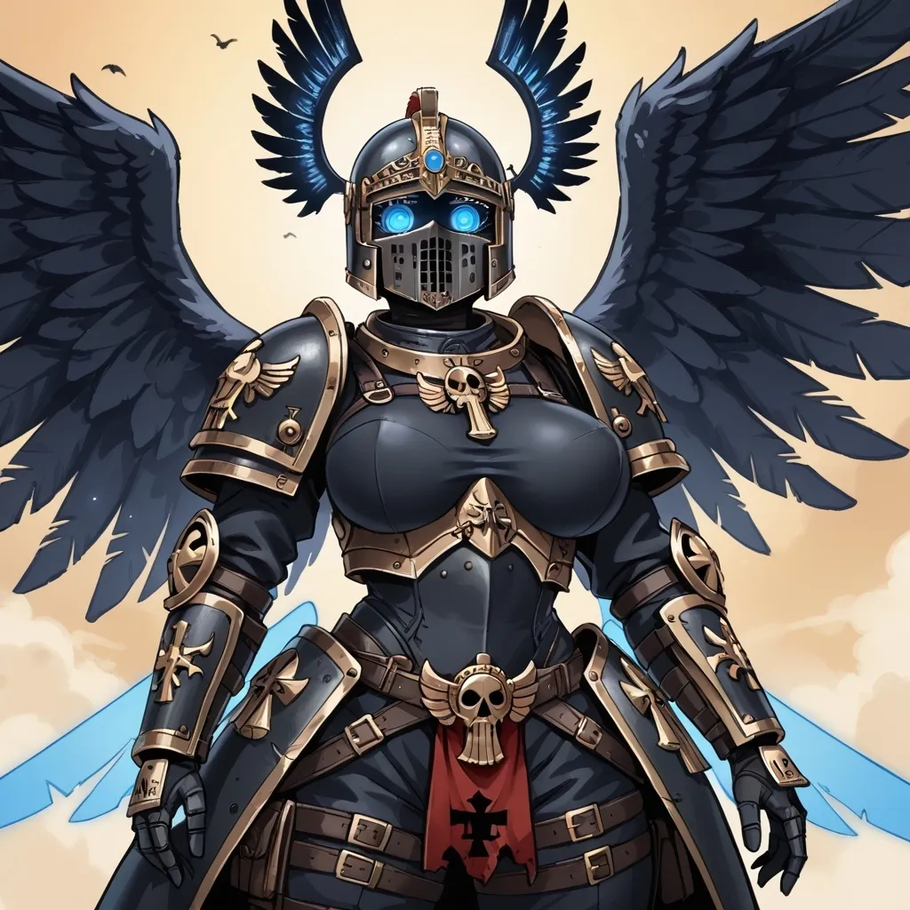 Prompt: Female knight, curvy, full face helmet, glowing blue eye slits, heavy black armor, large glowing wings, crow motif, Warhammer 40k