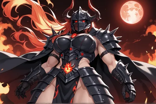 Prompt: Woman, muscular, curvy, spiked heavy black armor, long black cloak, black full face helmet, horns, glowing red eye slits, large spiked shoulder armor, glowing runes, red moon, flame motif, from below