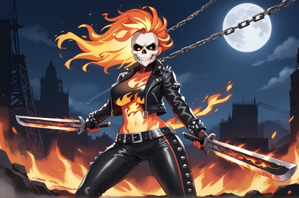 Prompt: Woman, curvy, studded leather attire, biker jacket, skull face, flaming hair, flaming skin, wielding chains, night