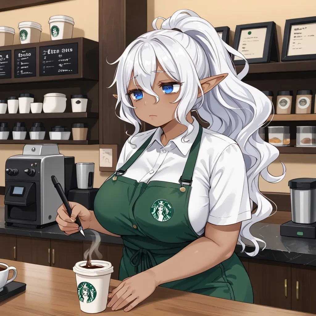 Prompt: Dark-skinned Elf woman, blue eyes, plump, curvy, long wavy white hair, ponytail, barista uniform, narrow shoulders, working, coffee shop, bags under her eyes, tired