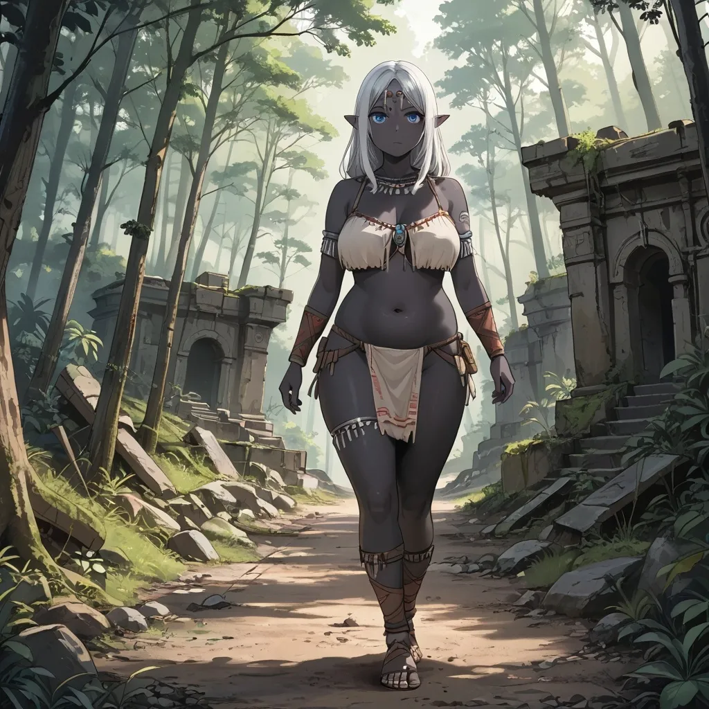 Prompt: A tribal elf woman, plump, black skin, white hair, blue eyes, walking alone, moonlit forest, ancient ruins