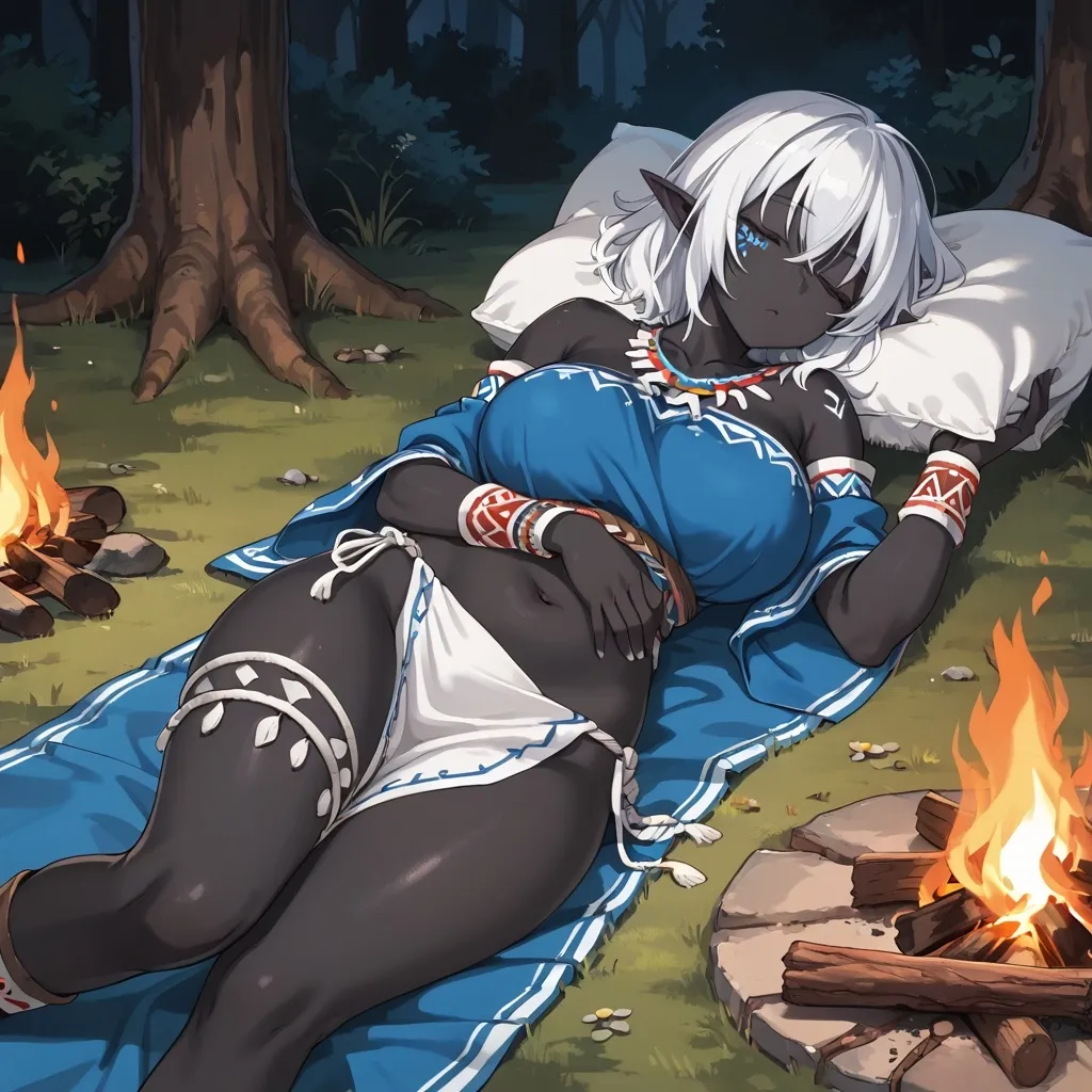 Prompt: Tribal woman, curvy, black skin, blue eyes, white hair, pointed ears, traditional Incan clothes, sleeping by a campfire, head on pillow