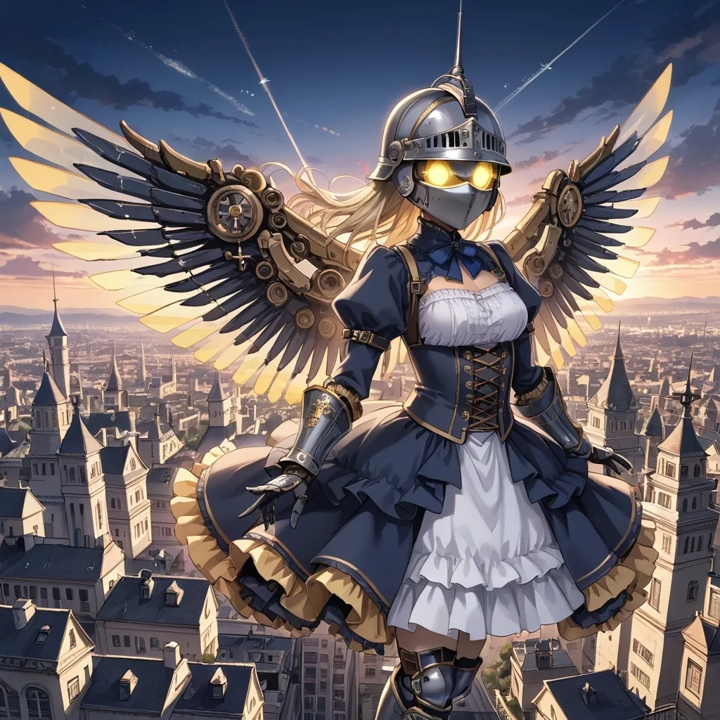 Prompt: Female knight, curvy, athletic, full face helmet, glowing eye slits, heavy armor with a steampunk aesthetic, mechanical wings, flying, anime style, Victorian city, night