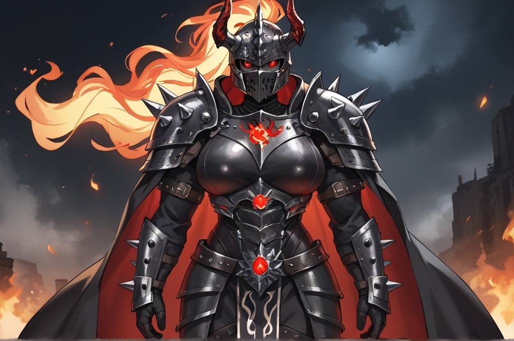 Prompt: Woman, muscular, curvy, spiked heavy black armor, long black cloak, black full face helmet, horns, glowing red eye slits, large spiked shoulder armor, arcane symbols, flame motif