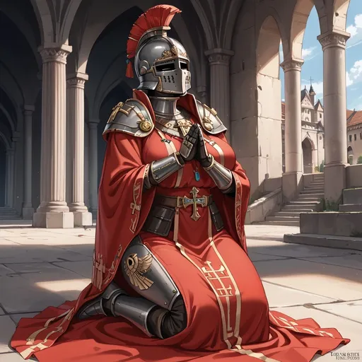 Prompt: A curvy female knight, black armor, red robes, fully enclosed helmet, Warhammer 40k, kneeling in an ancient cathedral, praying