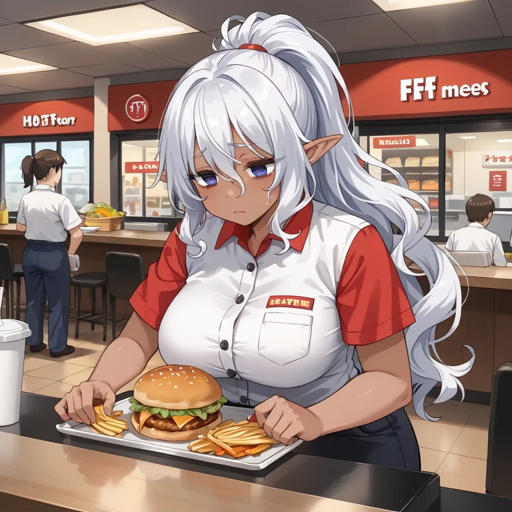 Prompt: Dark-skinned Elf woman, plump, curvy, long wavy white hair, ponytail, cashier outfit, narrow shoulders, working, fast food restaurant, bags under her eyes, tired