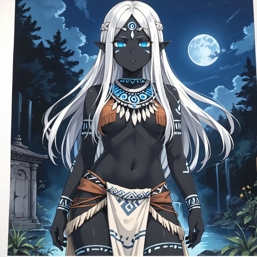 Prompt: Tribal woman, black skin, glowing blue eyes, white hair, pointed ears, traditional druid robes, stonehenge, night