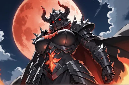 Prompt: Woman, muscular, curvy, spiked heavy black armor, long black cloak, black full face helmet, horns, glowing red eye slits, large spiked shoulder armor, glowing runes, red moon, flame motif, from below