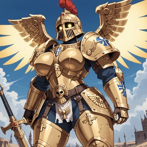 Prompt: Female knight, curvy, muscular, full face helmet, glowing golden eye slits, heavy golden armor, large glowing wings, twin headed eagle motif, Warhammer 40k